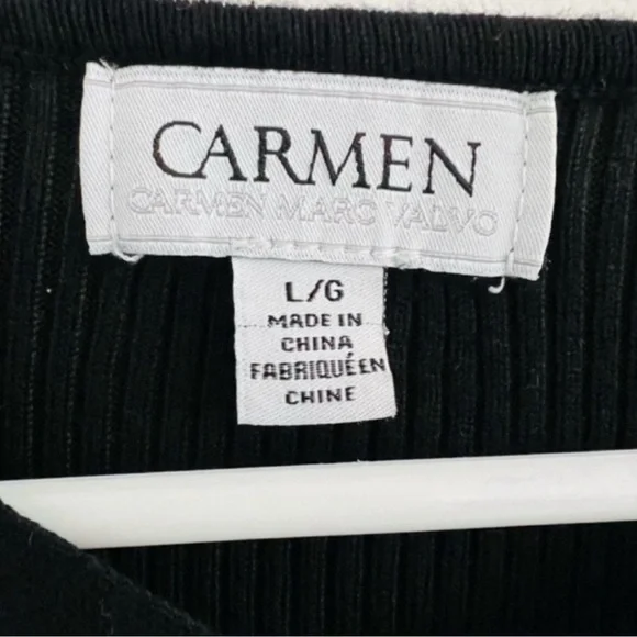 Carmen Marc Valvo Black Stretchy Knit Ribbed Long Sleeve Top Large - Picture 5 of 6